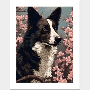 Border Collie and Cherry Blossoms - Japanese Ukiyo-e Painting Posters and Art